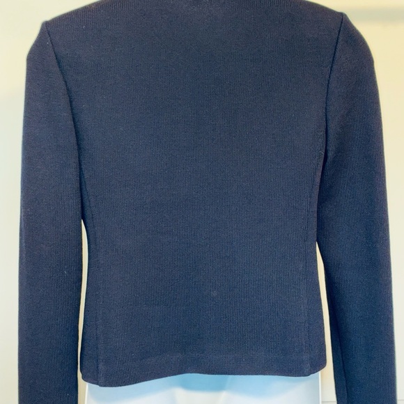 St John Collection Navy Blue Zip Jacket Knit Sz 12 White Ribbon Trim Gold Buckle - Picture 6 of 9